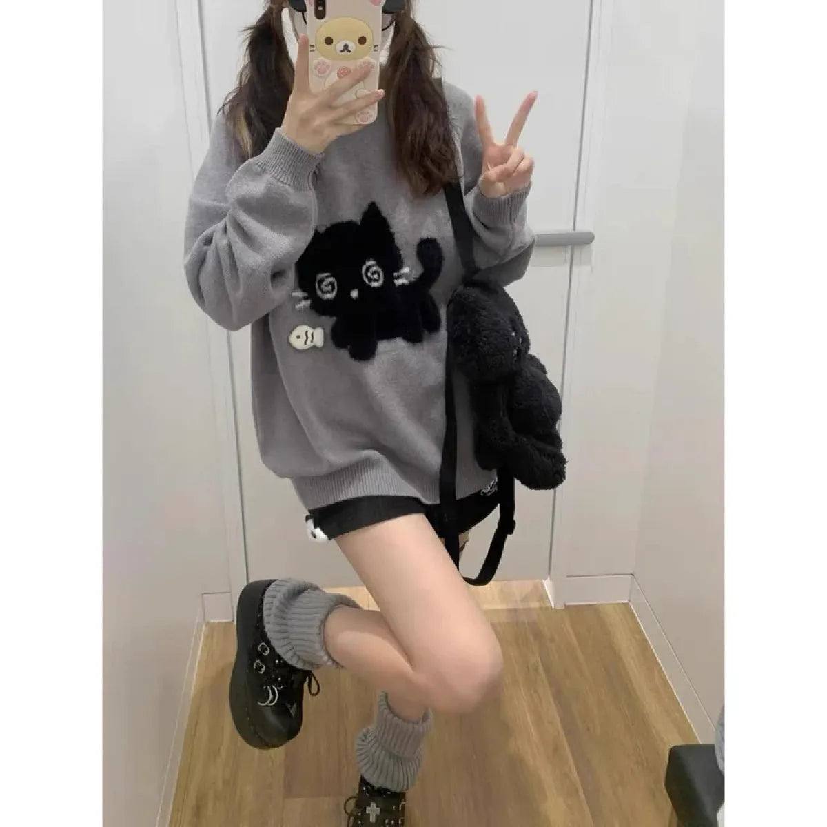 Gray Kawaii Cat Sweater Oversized Harajuku Soft Girl Pullover - Sweaters - Crew - Women’s Sweaters - 7