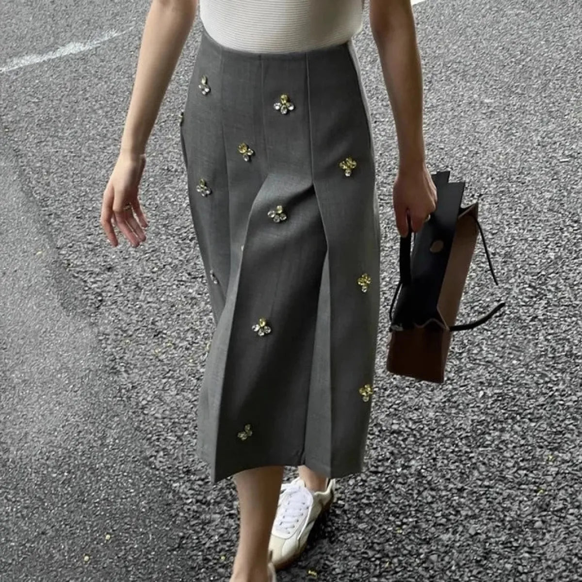 Embroidered Beaded Gray Midi Skirt - Bottoms - Skirt - 1