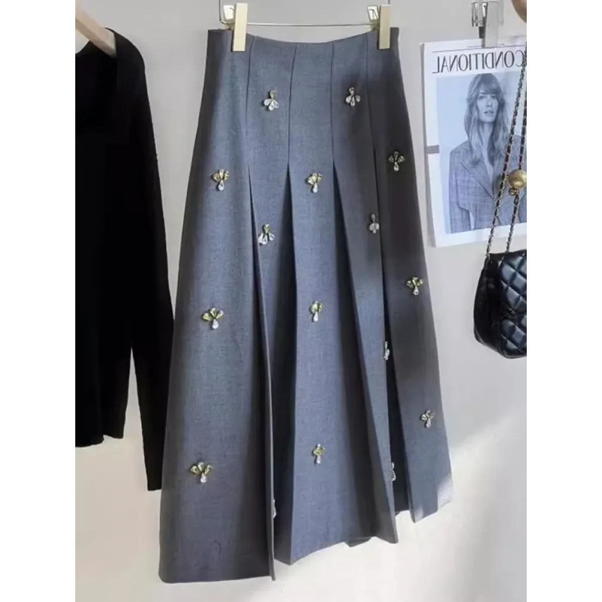 Embroidered Beaded Gray Midi Skirt - Bottoms - Skirt - 2