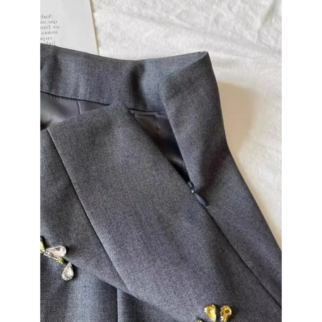 Embroidered Beaded Gray Midi Skirt - Bottoms - Skirt - 3