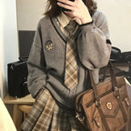 Gray Preppy Knitted Sweater – Vintage Oversized Japanese Style Pullover - Sweaters - V-neck - Sweaters - 1