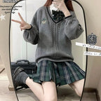 Gray Preppy Knitted Sweater – Vintage Oversized Japanese Style Pullover - Sweaters - V-neck - Sweaters - 4