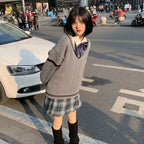 Gray Preppy Knitted Sweater – Vintage Oversized Japanese Style Pullover - Sweaters - V-neck - Sweaters - 5
