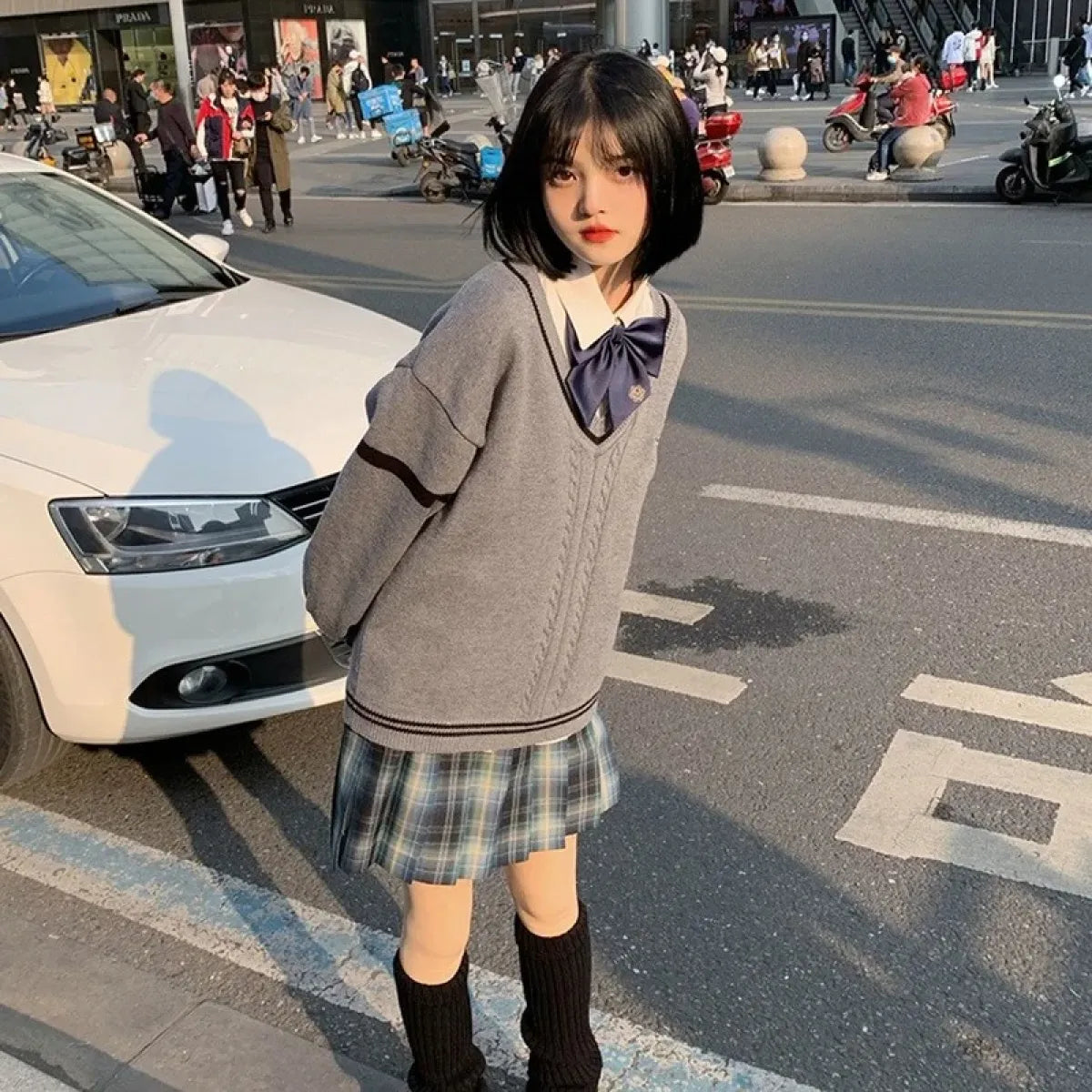 Gray Preppy Knitted Sweater – Vintage Oversized Japanese Style Pullover - Sweaters - V-neck - Sweaters - 5
