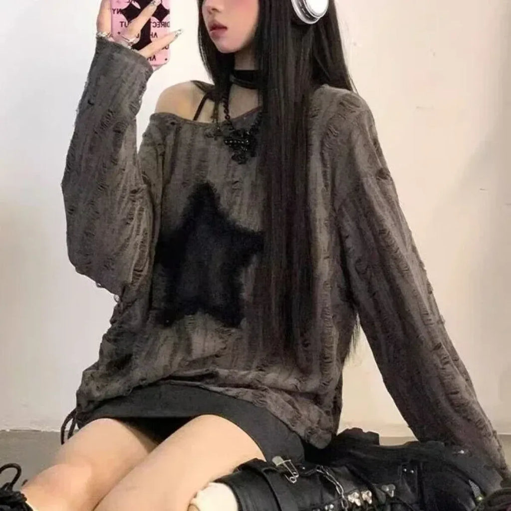 Grunge Star Print Distressed T-Shirt - T-Shirts - 7