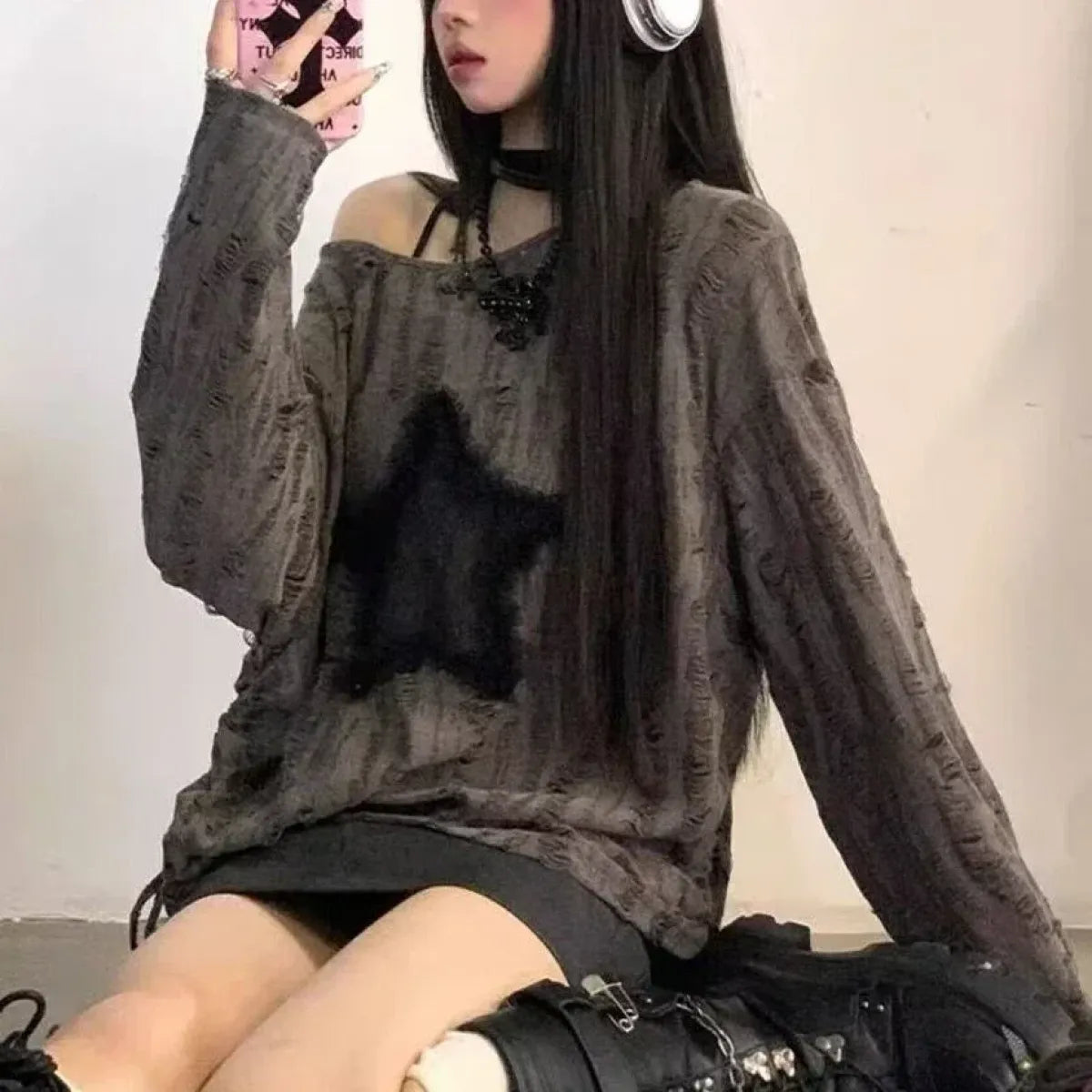 Grunge Star Print Distressed T-Shirt - T-Shirts - 7