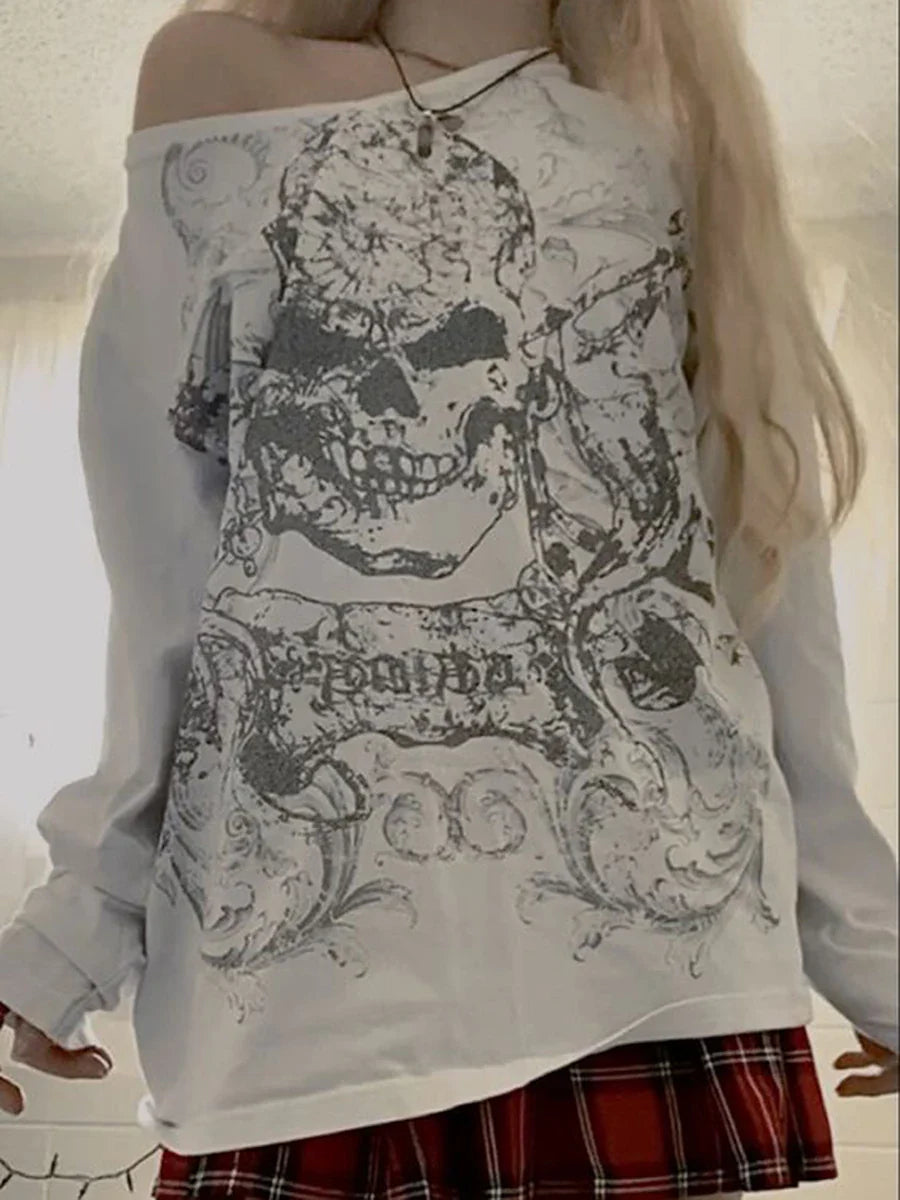 Skull Print Long Sleeve T-Shirt – Grunge Y2K Punk Pullover Top - T-Shirts - T-Shirts - 2025 - 3 - Worldwide Shipping