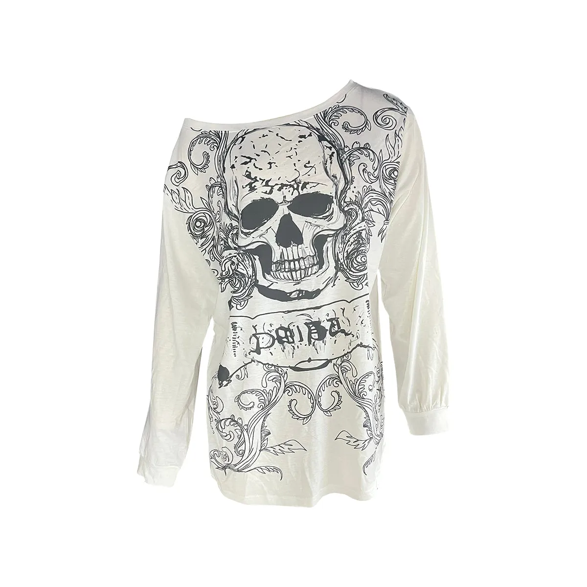 Skull Print Long Sleeve T-Shirt – Grunge Y2K Punk Pullover Top - T-Shirts - Long - Round - T-Shirts - 7