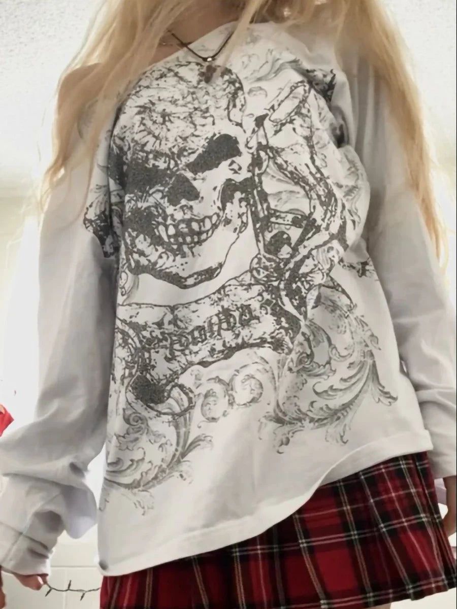 Skull Print Long Sleeve T-Shirt – Grunge Y2K Punk Pullover Top - T-Shirts - T-Shirts - 2025 - 2 - Worldwide Shipping