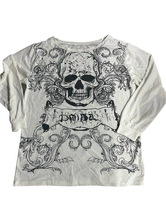 Skull Print Long Sleeve T-Shirt – Grunge Y2K Punk Pullover Top - White / L - T-Shirts - T-Shirts - 2025 - 8