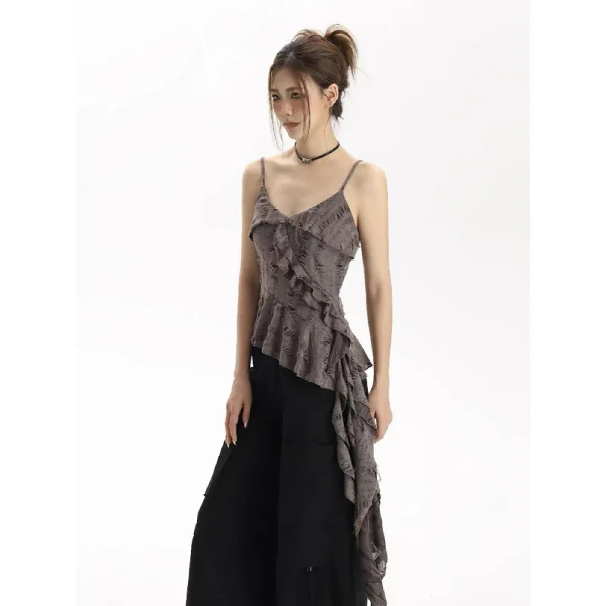 Asymmetrical Ruffle Tank Top – Grunge Y2K Punk Streetwear - Harajuku Style - Sleeveless - V-neck - Tank Tops - 2
