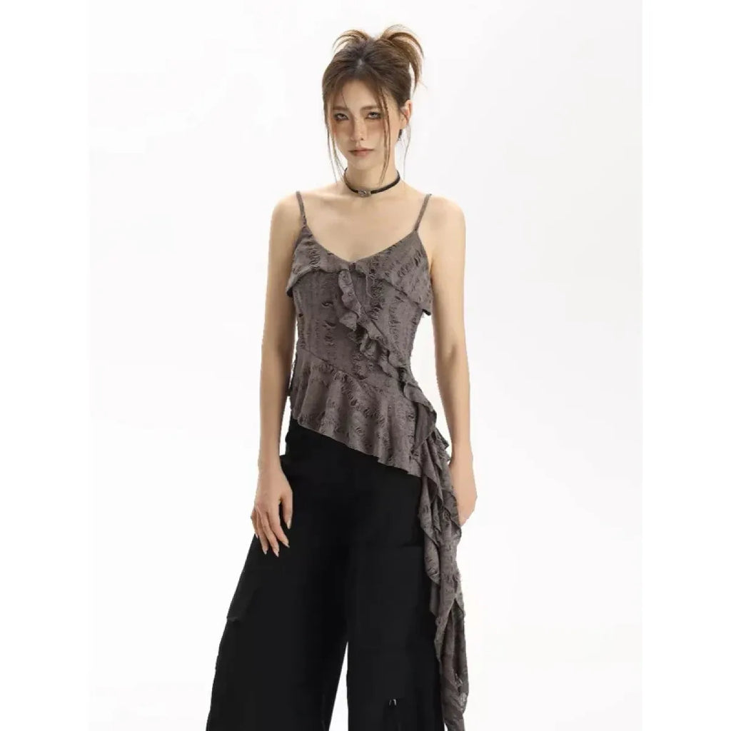 Asymmetrical Ruffle Tank Top – Grunge Y2K Punk Streetwear - Harajuku Style - Sleeveless - V-neck - Tank Tops - 9
