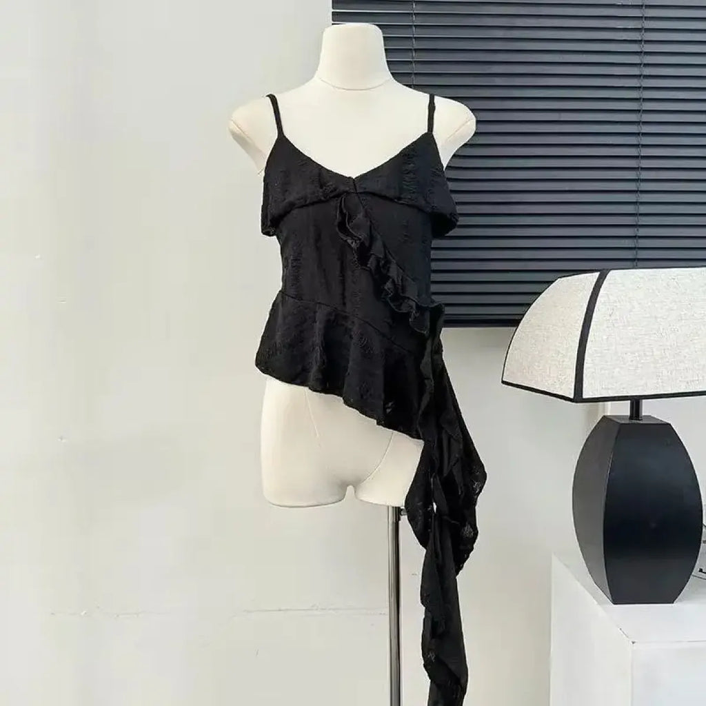 Asymmetrical Ruffle Tank Top – Grunge Y2K Punk Streetwear - Harajuku Style - Sleeveless - V-neck - Tank Tops - 8