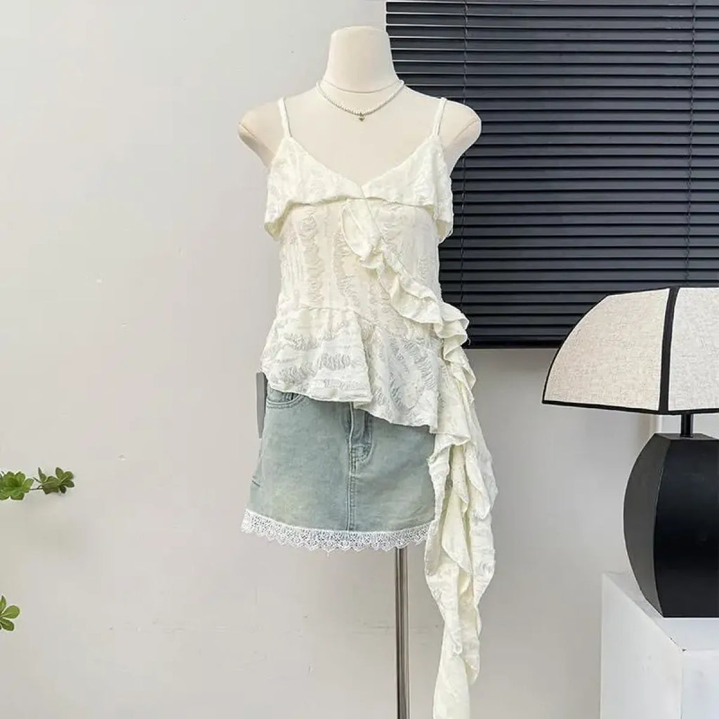 Asymmetrical Ruffle Tank Top – Grunge Y2K Punk Streetwear - Harajuku Style - Sleeveless - V-neck - Tank Tops - 7