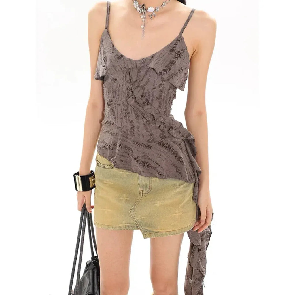 Asymmetrical Ruffle Tank Top – Grunge Y2K Punk Streetwear - Harajuku Style - Sleeveless - V-neck - Tank Tops - 5