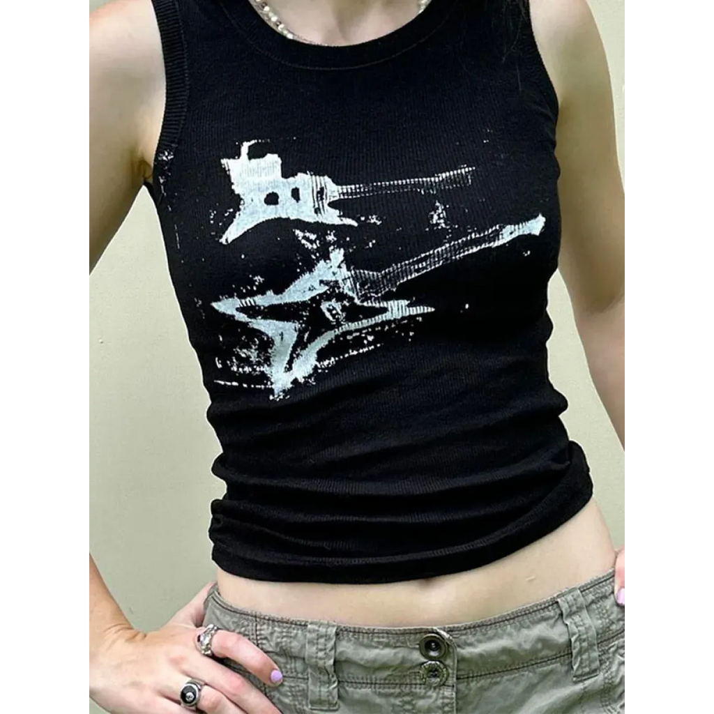 Guitar Print Tank Top - Ribbed Grunge Crop Top - Women’s Clothing & Accessories - 1