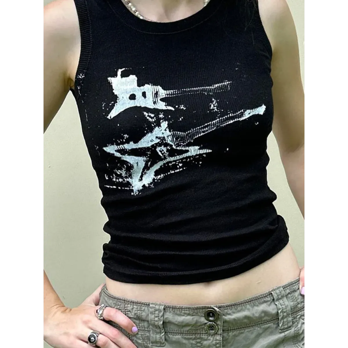 Guitar Print Tank Top - Ribbed Grunge Crop Top - Women’s Clothing & Accessories - 1