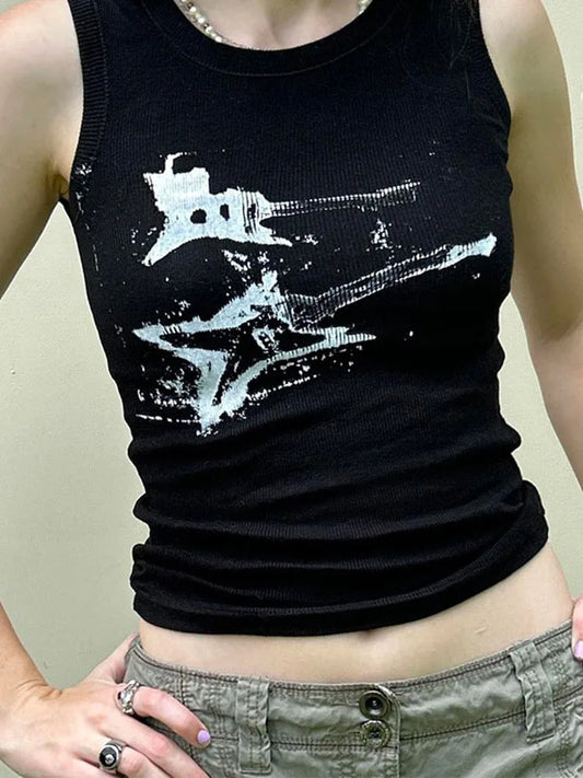 Guitar Print Tank Top - Ribbed Grunge Crop Top - Women’s Clothing & Accessories - Shirts & Tops - 1 - 2024