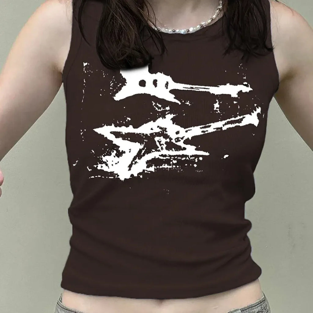 Guitar Print Tank Top - Ribbed Grunge Crop Top - Women’s Clothing & Accessories - 12
