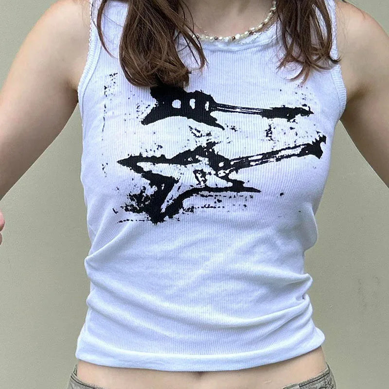 Guitar Print Tank Top - Ribbed Grunge Crop Top - Women’s Clothing & Accessories - Shirts & Tops - 15 - 2024