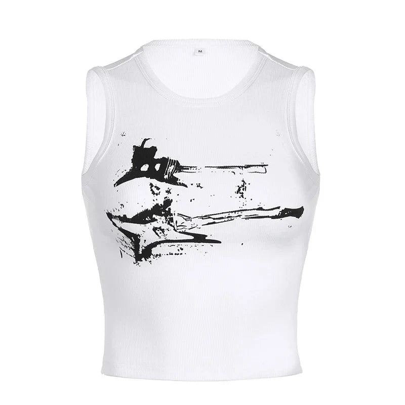 Guitar Print Tank Top - Ribbed Grunge Crop Top - Women’s Clothing & Accessories - Shirts & Tops - 16 - 2024