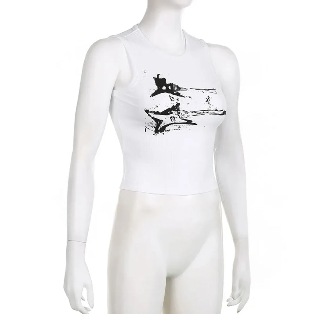 Guitar Print Tank Top - Ribbed Grunge Crop Top - Women’s Clothing & Accessories - 18