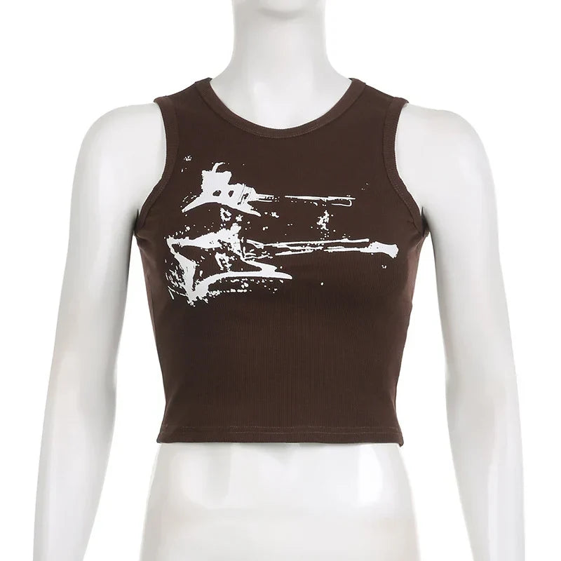 Guitar Print Tank Top - Ribbed Grunge Crop Top - Women’s Clothing & Accessories - Shirts & Tops - 26 - 2024