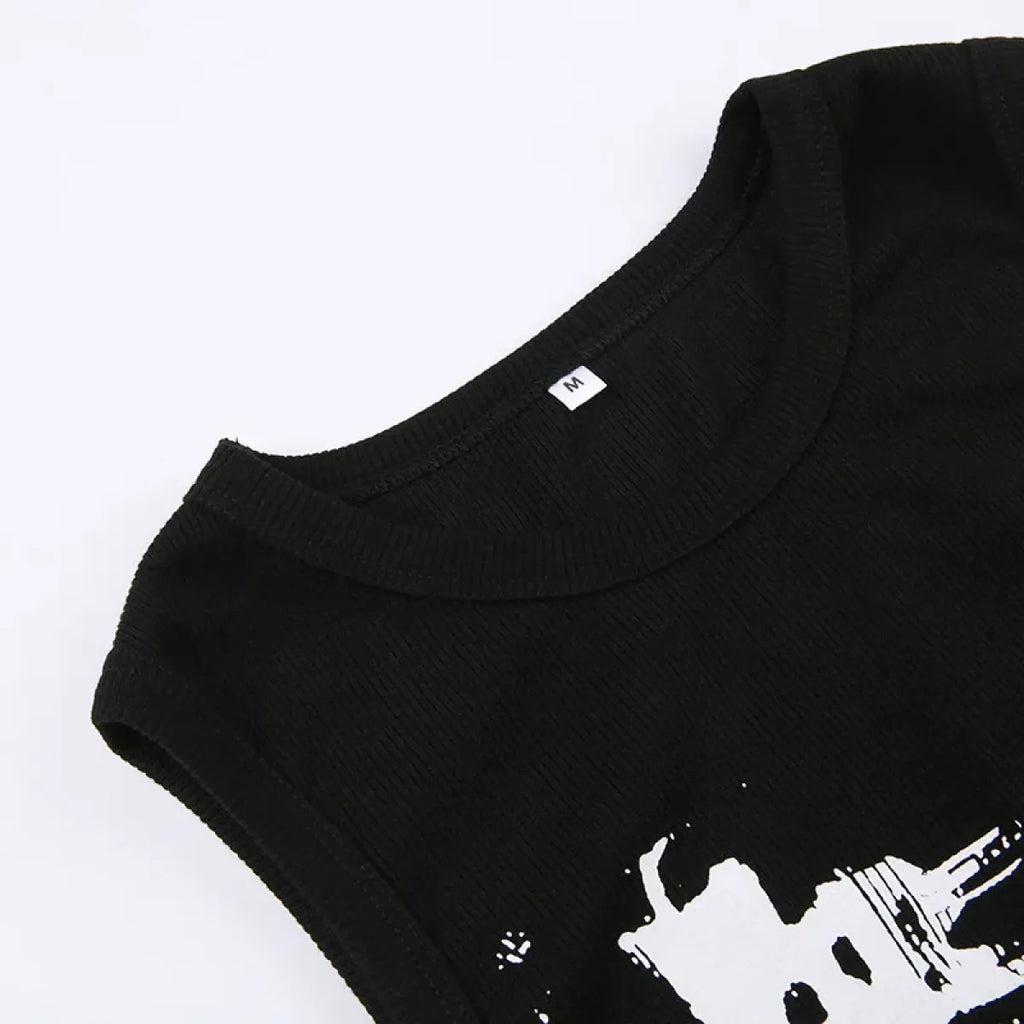 Guitar Print Tank Top - Ribbed Grunge Crop Top - Women’s Clothing & Accessories - 32