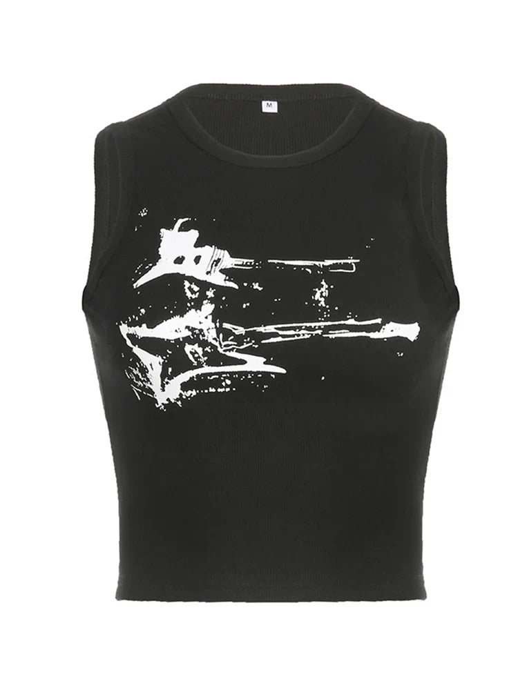 Guitar Print Tank Top - Ribbed Grunge Crop Top - Women’s Clothing & Accessories - Shirts & Tops - 5 - 2024