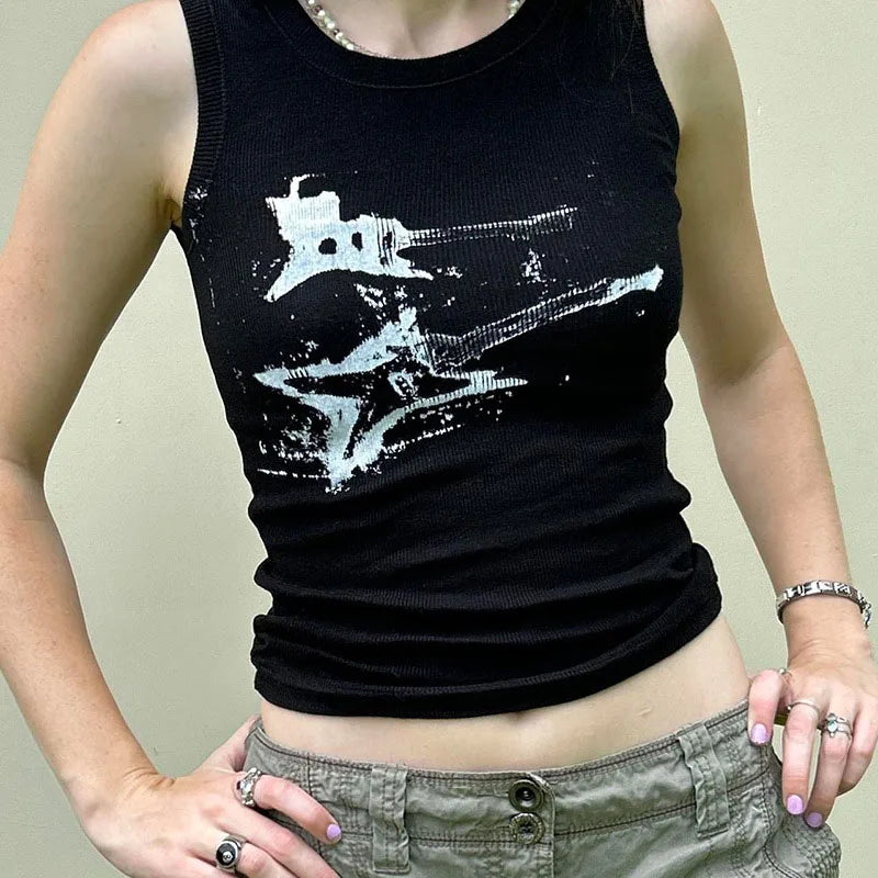 Guitar Print Tank Top - Ribbed Grunge Crop Top - Women’s Clothing & Accessories - Shirts & Tops - 9 - 2024