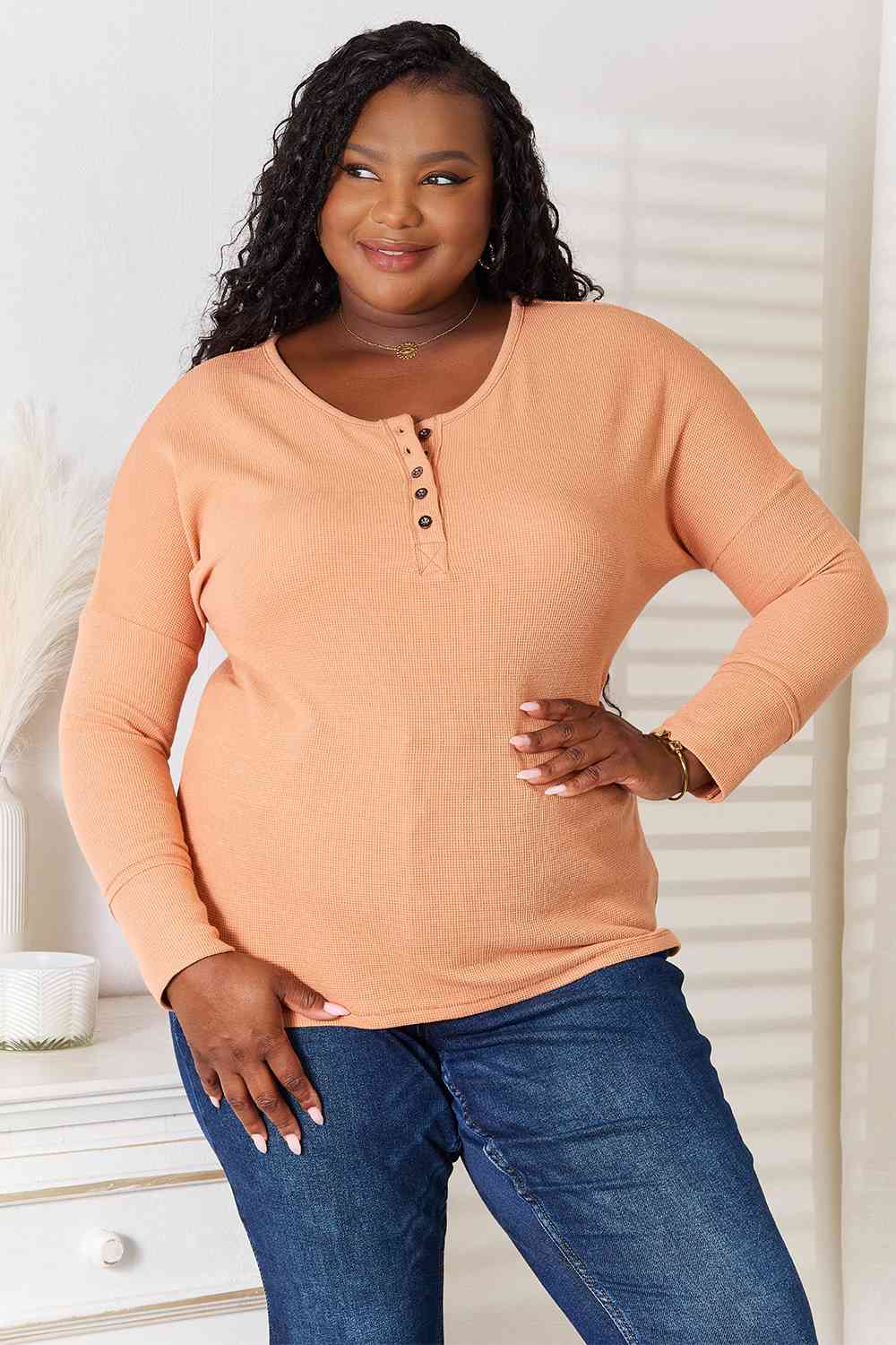 Half Button Long Sleeve Top - Pumpkin / S - Tops - Shirts & Tops - 1 - 2024