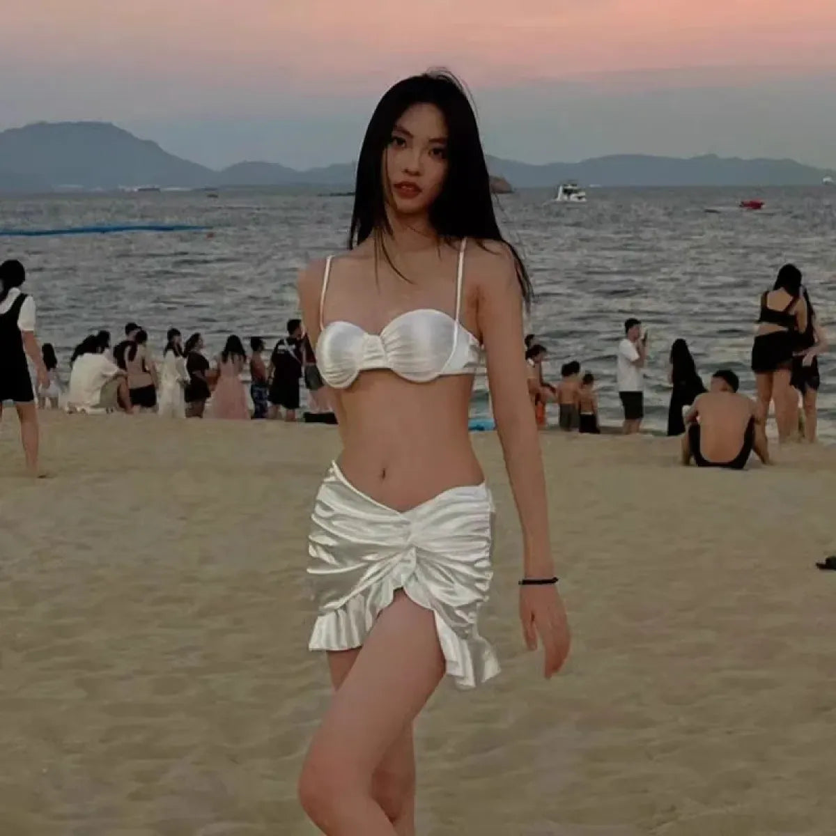 Satin Halter Bikini Set – Ruffled Irregular Wrap Skirt Swimsuit - Bottoms - Swimwear - 12