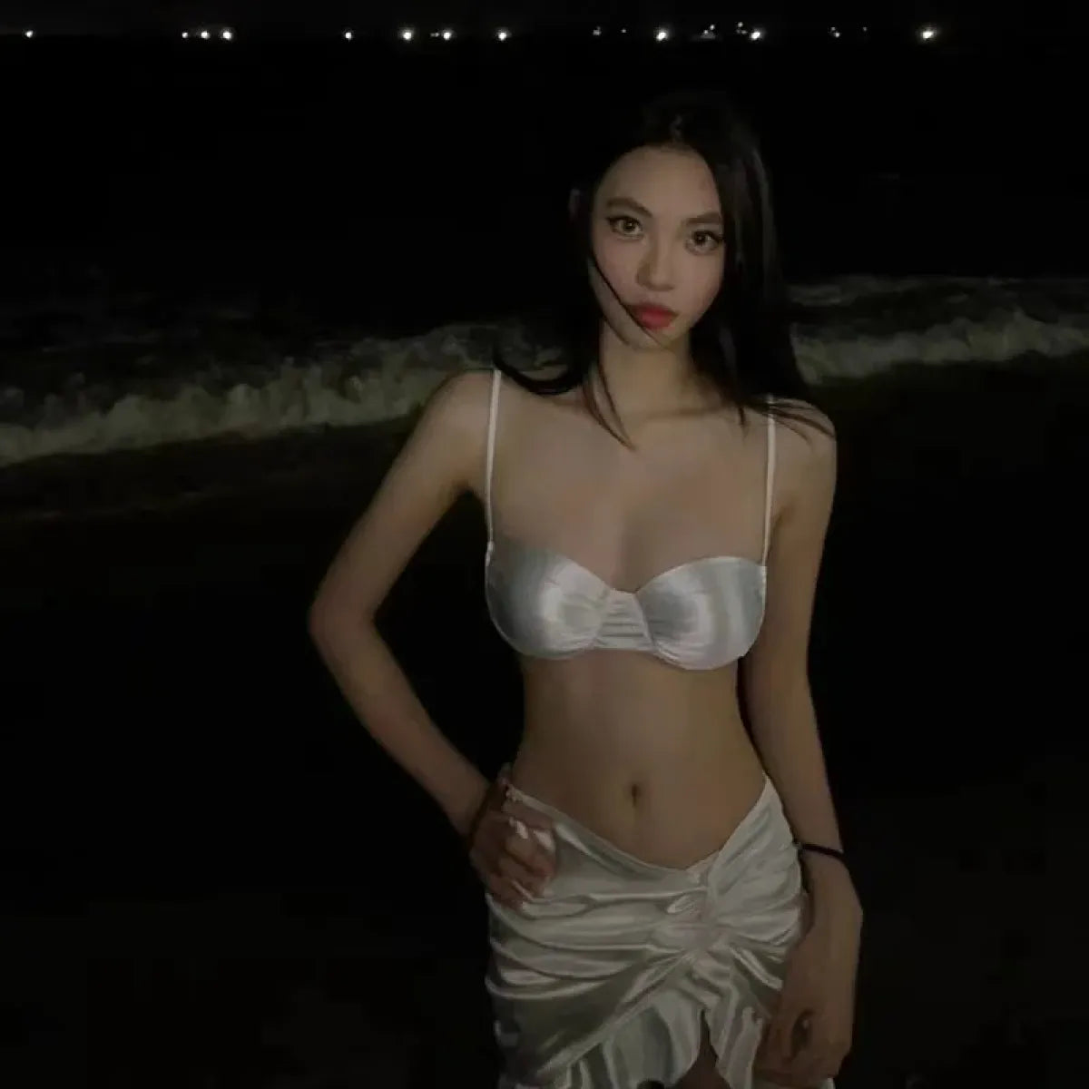 Satin Halter Bikini Set – Ruffled Irregular Wrap Skirt Swimsuit - Bottoms - Swimwear - 10