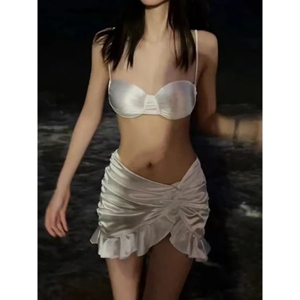 Satin Halter Bikini Set – Ruffled Irregular Wrap Skirt Swimsuit - Bottoms - Swimwear - 3