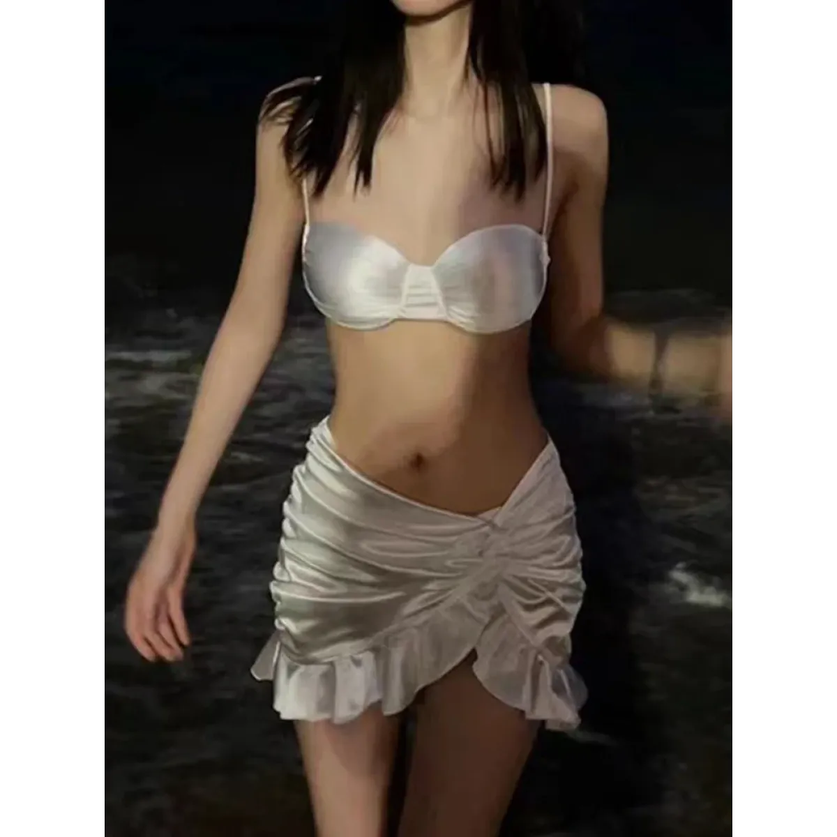 Satin Halter Bikini Set – Ruffled Irregular Wrap Skirt Swimsuit - Bottoms - Swimwear - 3