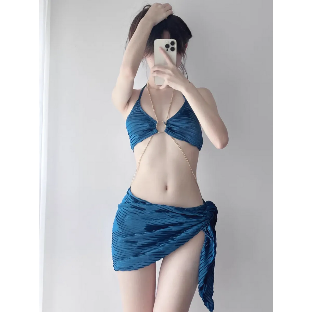 Black Chain Ring Halter Bikini Set – Korean Sexy Swimwear 3PCS Skirt - Bottoms - Spaghetti strap - Swimwear - 5