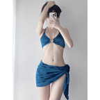 Black Chain Ring Halter Bikini Set – Korean Sexy Swimwear 3PCS Skirt - Bottoms - Spaghetti strap - Swimwear - 5