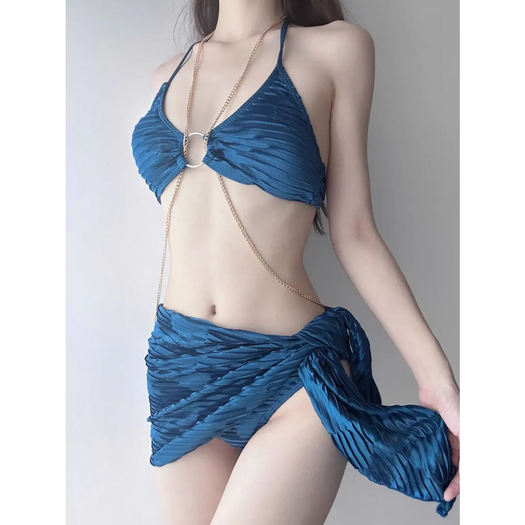 Black Chain Ring Halter Bikini Set – Korean Sexy Swimwear 3PCS Skirt - Bottoms - Spaghetti strap - Swimwear - 3