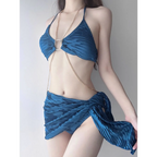 Black Chain Ring Halter Bikini Set – Korean Sexy Swimwear 3PCS Skirt - Bottoms - Spaghetti strap - Swimwear - 3