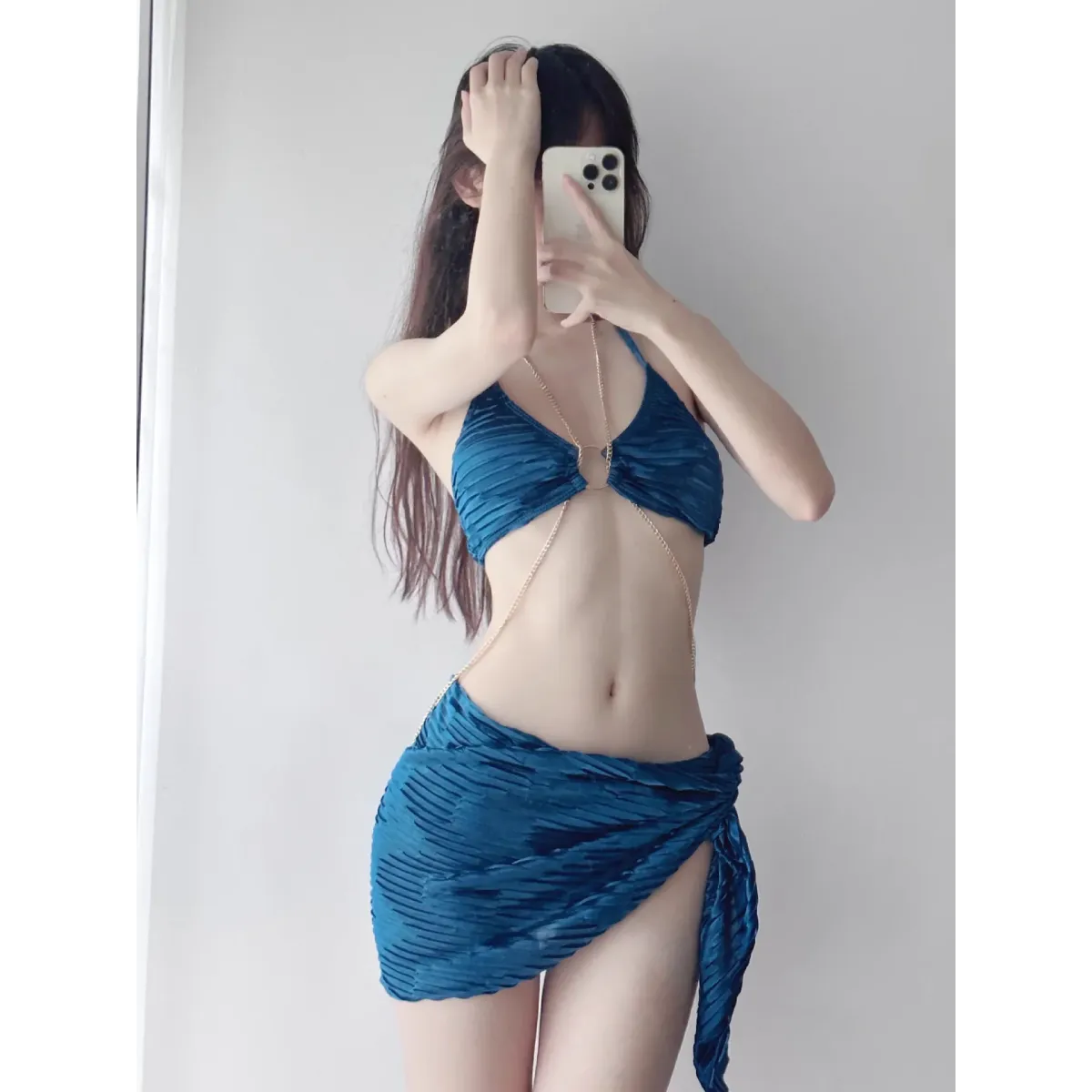 Black Chain Ring Halter Bikini Set – Korean Sexy Swimwear 3PCS Skirt - Bottoms - Spaghetti strap - Swimwear - 4