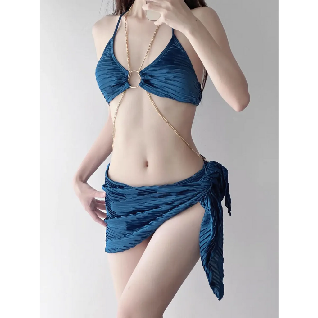 Black Chain Ring Halter Bikini Set – Korean Sexy Swimwear 3PCS Skirt - Bottoms - Spaghetti strap - Swimwear - 6