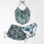 Brown Tie-Dye Halter Bikini Set – Korean 3pcs Skirt Swimwear - Bottoms - Strapless - Swimwear - 3