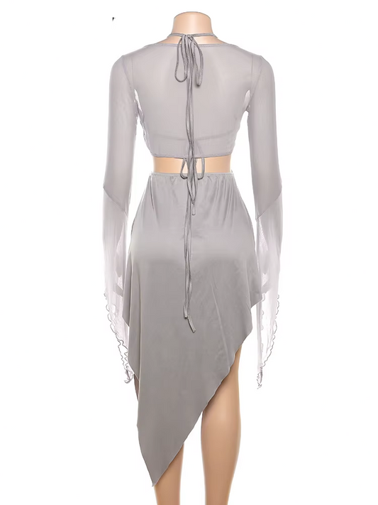 Gray Mesh Two-Piece Set – Halter Cutout Dress & Lace-Up Top - All Dresses - Dresses - 2025 - 2 - Worldwide Shipping