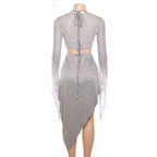 Gray Mesh Two-Piece Set – Halter Cutout Dress & Lace-Up Top - All Dresses - Long - V-neck - Sets - 2