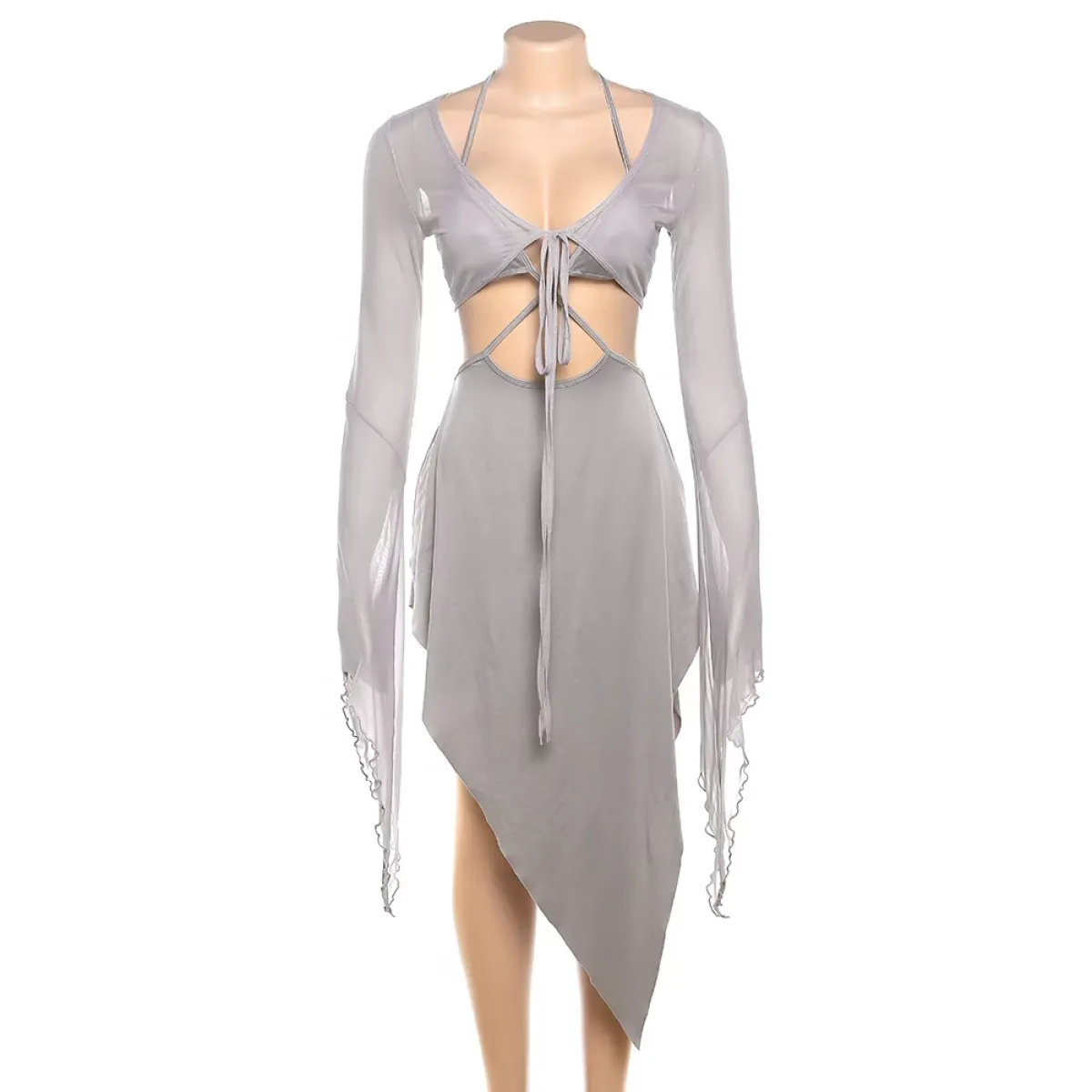 Gray Mesh Two-Piece Set – Halter Cutout Dress & Lace-Up Top - All Dresses - Long - V-neck - Sets - 1