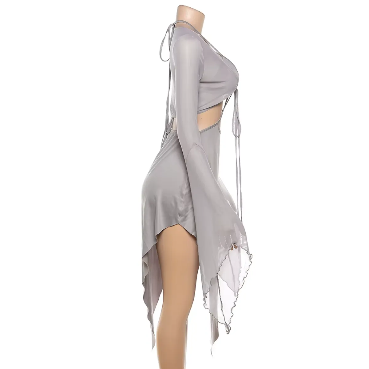 Gray Mesh Two-Piece Set – Halter Cutout Dress & Lace-Up Top - All Dresses - Long - V-neck - Sets - 3