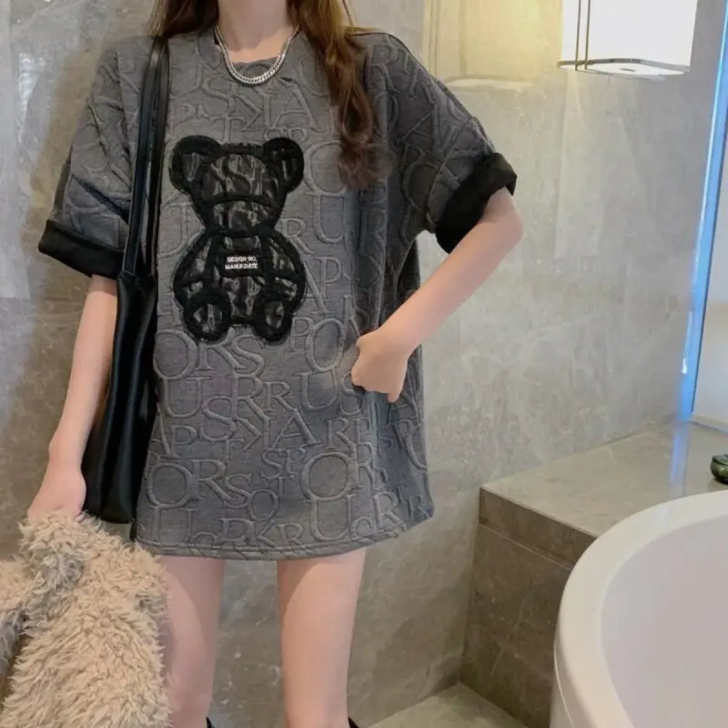 Harajuku Bear Jacquard T-shirt - Plus Size Loose Summer Tee - T-Shirts - 3