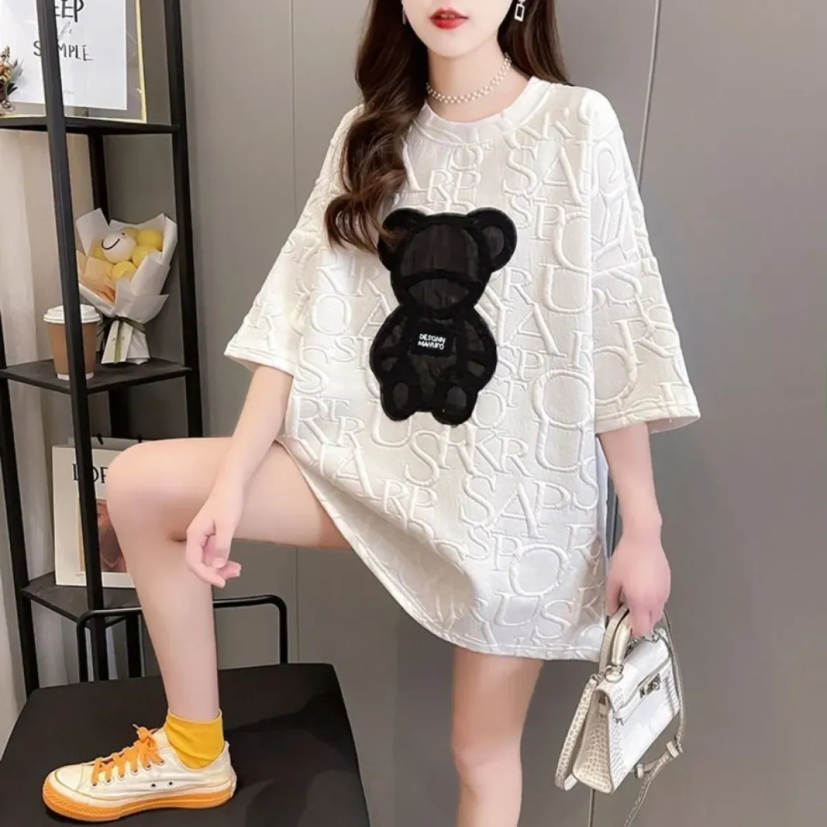 Harajuku Bear Jacquard T-shirt - Plus Size Loose Summer Tee - T-Shirts - 1