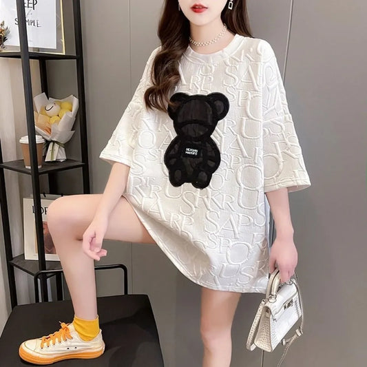 Harajuku Bear Jacquard T-shirt - Plus Size Loose Summer Tee - White / L - T-Shirts - Shirts & Tops - 1 - 2024