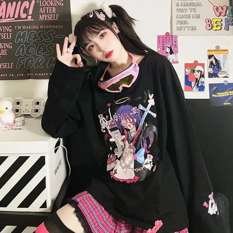 Harajuku Cartoon Print Loose T-Shirt - Autumn Streetwear Long Sleeve Top - T-Shirts - Shirts & Tops - 5 - 2024